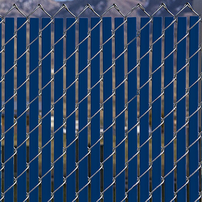 Blue Chain Link Vinyl Privacy Slats Installed on Chain Link fence